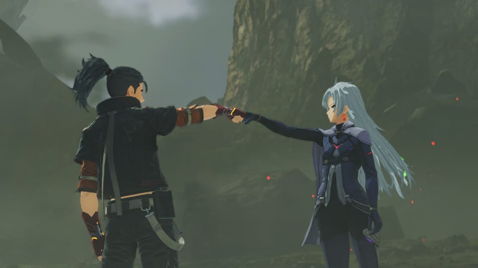 Two characters fist bumping in from of a mountain